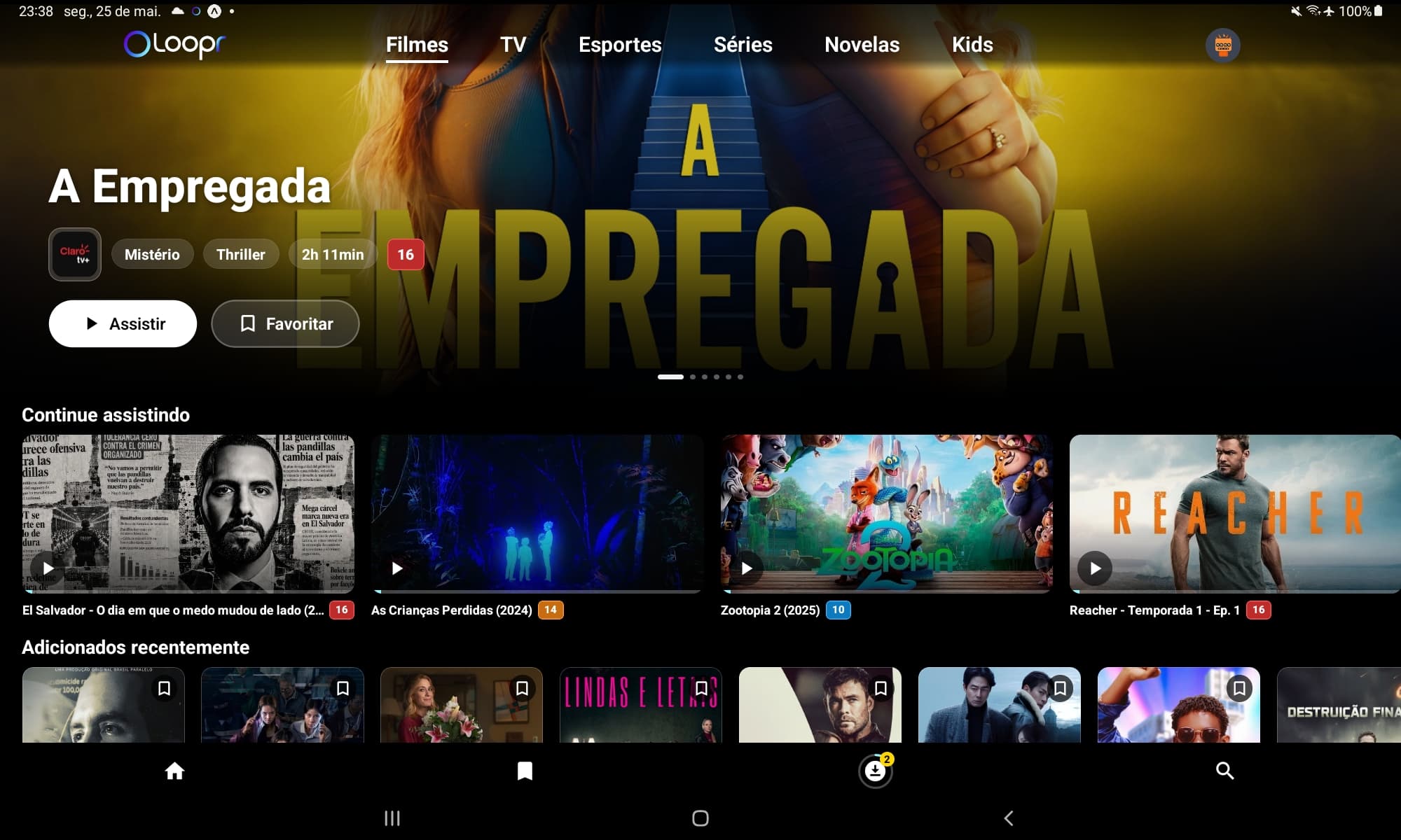 Tela inicial do aplicativo Loopr com catálogo de filmes, séries e navegação por streaming